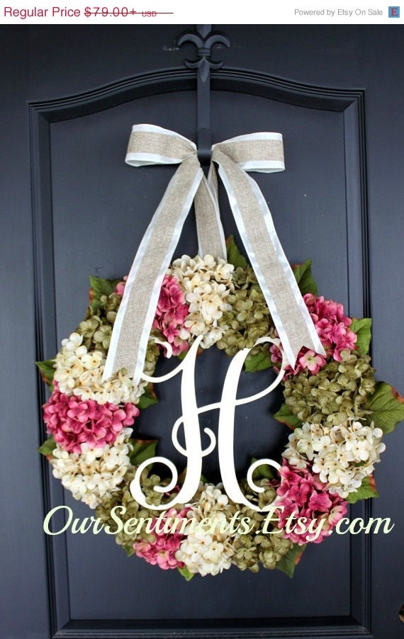 On Sale Extra Large Hydrangea Wreath Burlap bow by OurSentiments