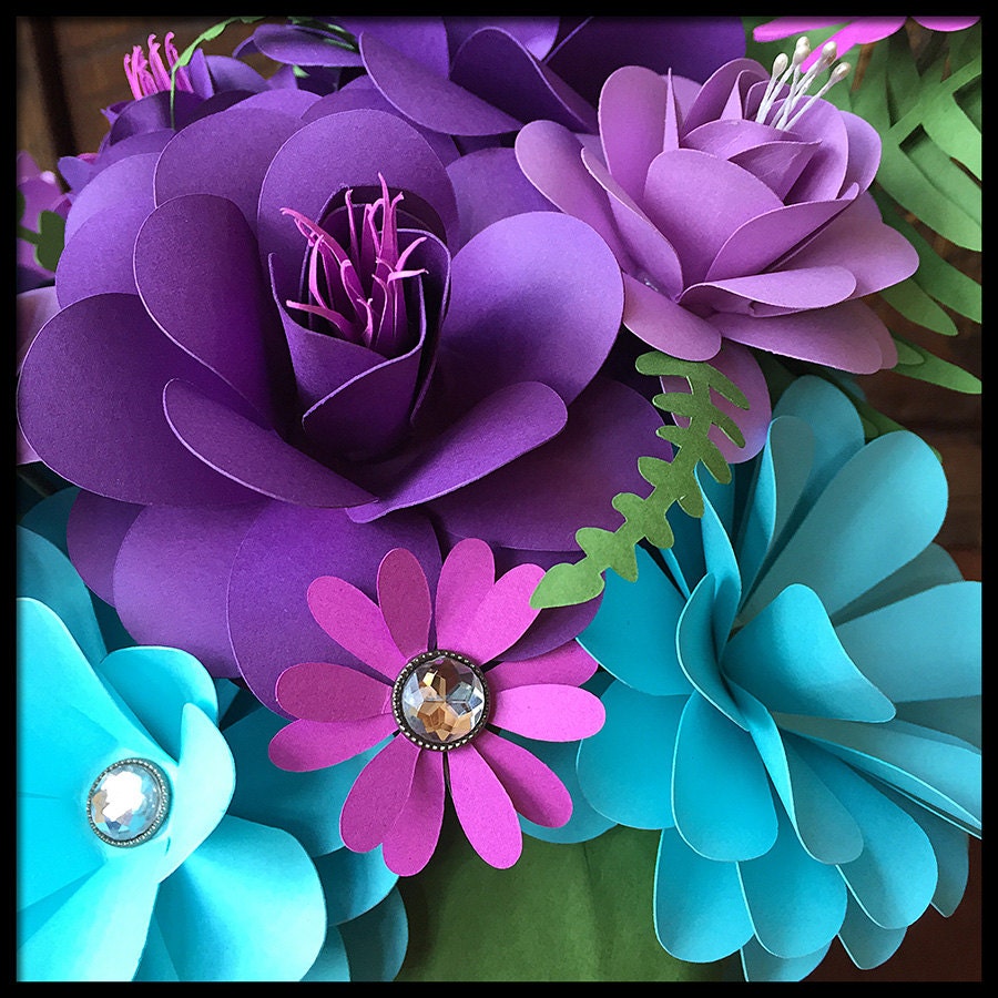 Handmade Paper Flower Arrangement Turquoise Purple Bouquet