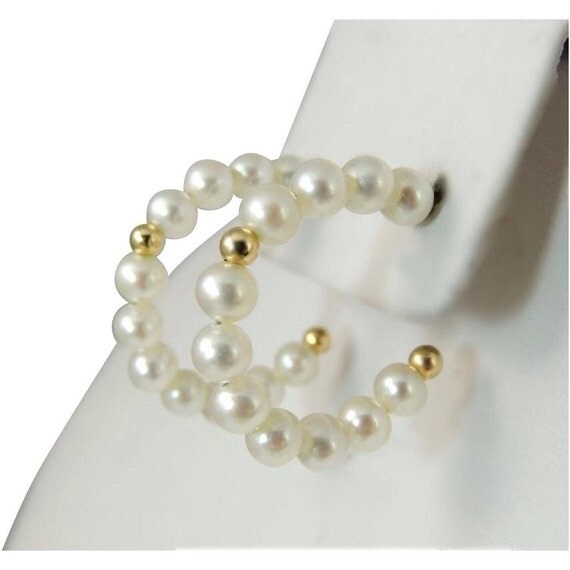 14k Gold Pearl Hoop Earrings Bride June by PremierAntiquesNY