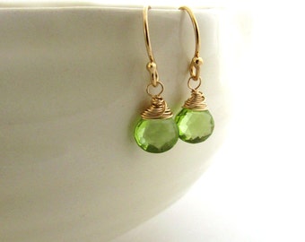 Gold peridot earrings, Lime green gemstone earrings, Gold filled delicate earrings, August birthstone jewelry, Apple green peridot jewelry