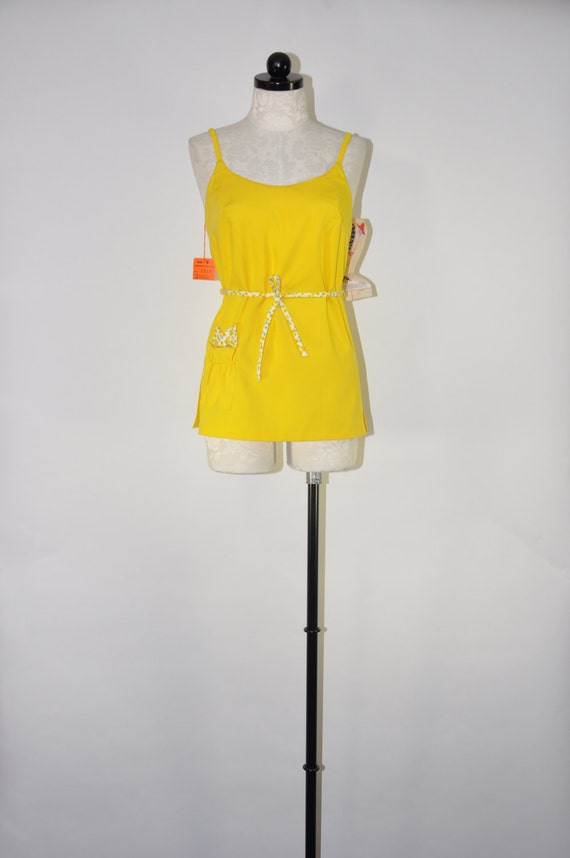 60s bright yellow tankini / cotton bathing suit top / lemon
