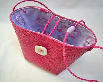 Purse little girl in straw and cotton sweet cats