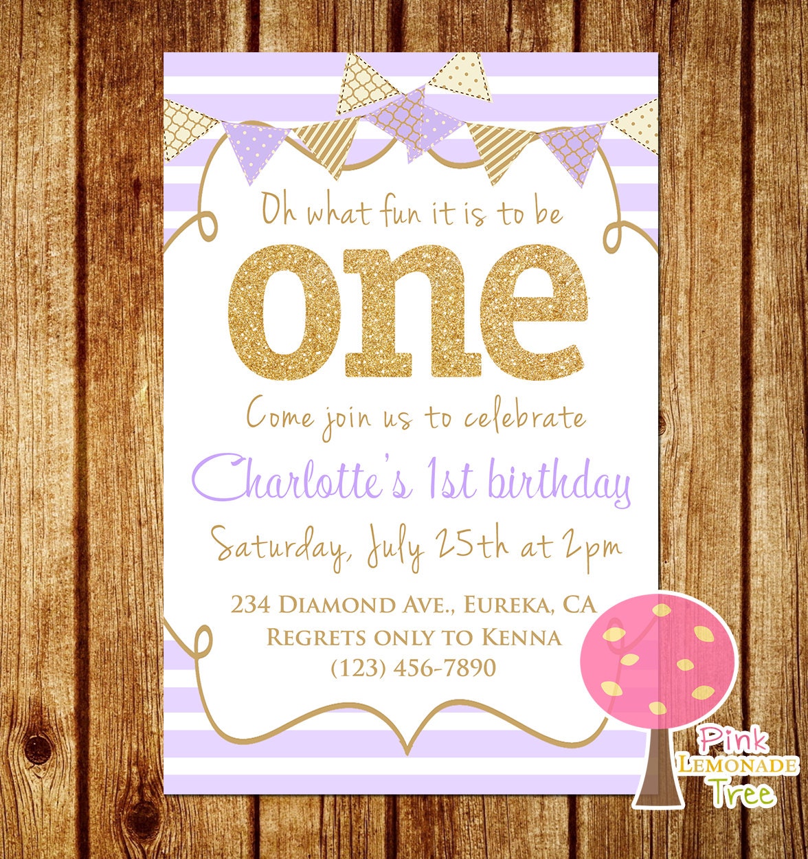 Purple and Gold First Birthday Party Invitation Gold Glitter