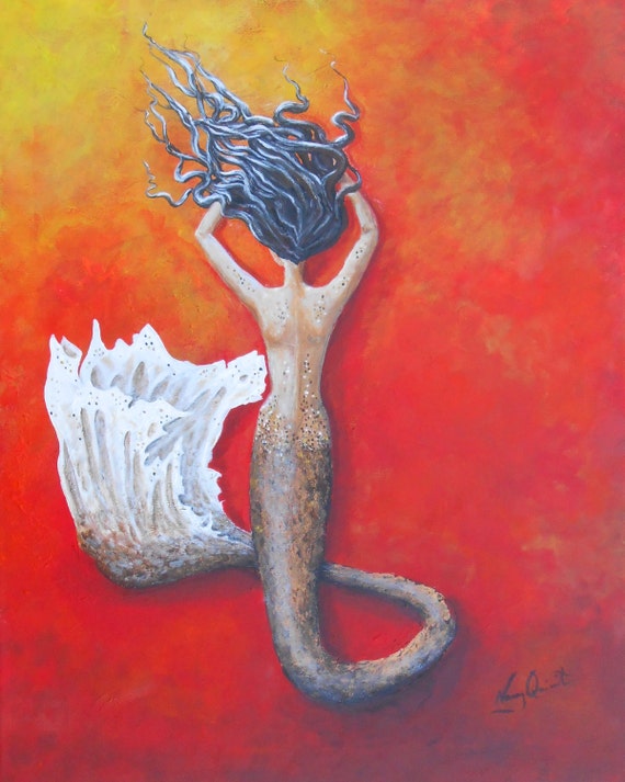 Original mermaid painting black haired mermaid by NancysFineArt