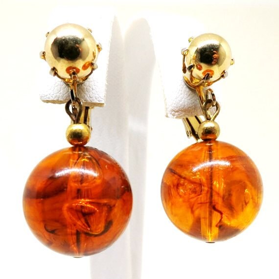 Amber Bead Dangle Earrings Vintage Gold Tone Beaded