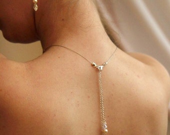 Bijoux mariage de dos, deux pendants en chaine et cristal - Bridal backdrop necklace crystal