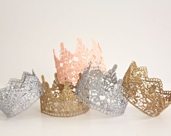 Gold Silver Pink or White MINI Lace Crown Headband Bride Bachelorette Newborn Dog Cat Photo Prop Birthday Crown Princess Party Cake Topper