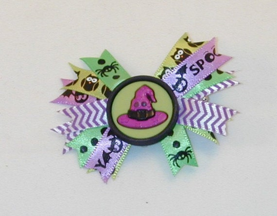 Spooky Multi-colored Bow with Purple Witch's Hat