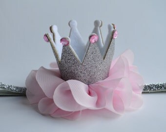 Silver and Pink Baby Crown Headband - Birthday Crown Headband - Glitter Crown Headband - Princess Crown Headband - Photo Prop Crown