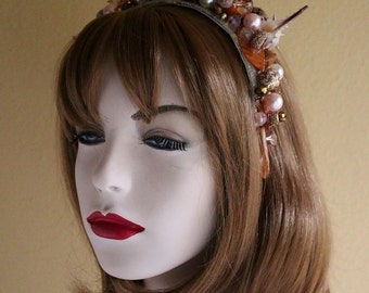 Mermaid Crown with shells, pearls, and gems in a copper to cream to pink colorway