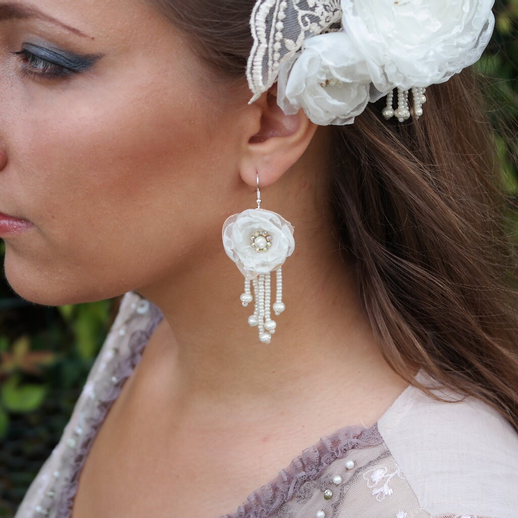 White bridal earrings beaded long earrings by Fantazzihandmade