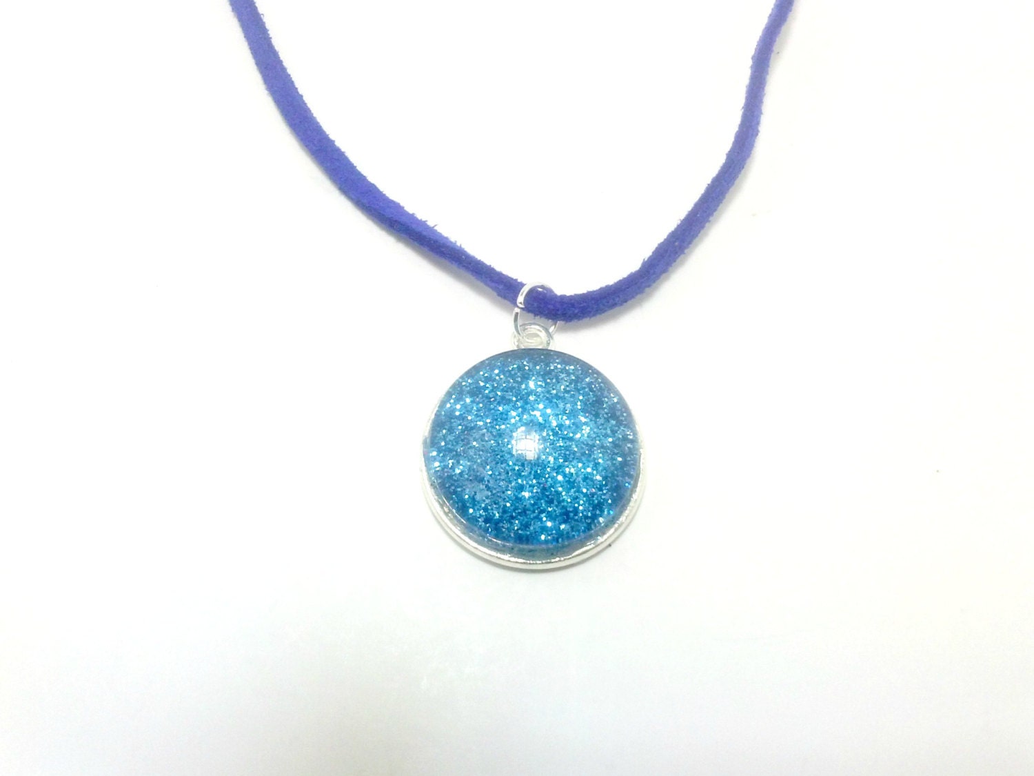 Blue Glitter Necklace, Cabochon Necklace, Pendant Necklace, Glitter