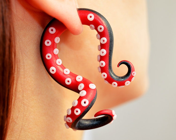 Octopus Ear Plugs or Fake Gauge Earrings red and by TaniaChernova