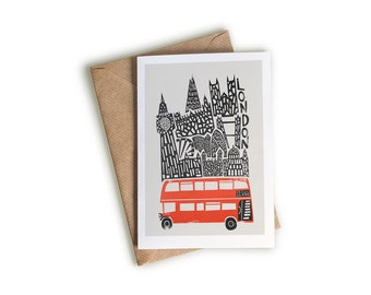 A6 London Card, City Art, Big Ben, Houses of Parliament, Blank Greeting Card, Retro Style Cityscape, Black and Red, Bus Art, Londoner Gift