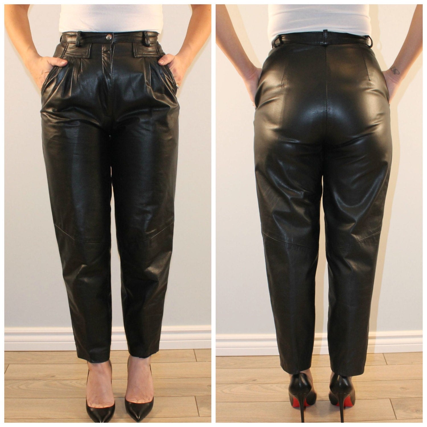 Vintage black leather pants high waisted with front pleating