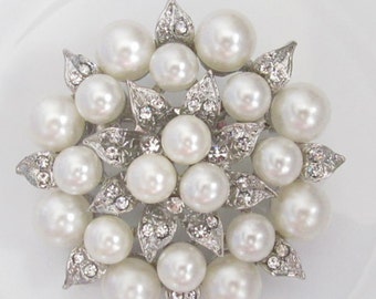 Pearl and Rhinestone Brooch / Bridal Brooch / Pearl and Crystal Brooch Component / SQB-9