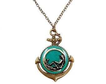 Anchor Pendant with Brass Nautical Mermaid / Teal or Ocean Blue Background / Large Statement Pendant / Mothers Day or Valentines Day Jewelry