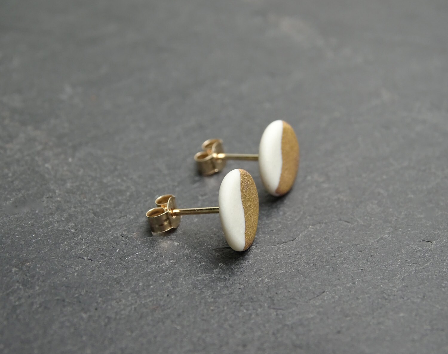 Porcelain & 9ct Gold Round Post Earrings Coffee Bean by DoeandDay