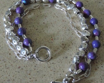 Purple Turquoise Bracelet, Triple Strand Bracelet, Purple and Silver Bracelet,