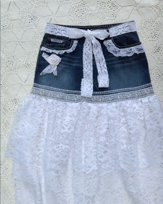 Items similar to Festival Skirt ~ Boho Denim Skirt ~ Lace Denim Skirt ...