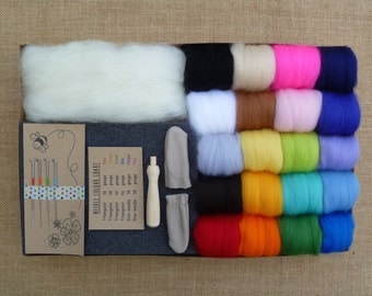 Needle felting kit - FREE bee tutorial!!! - starter kit - rainbow - felting needles - miniatures -merino wool - yarn - roving