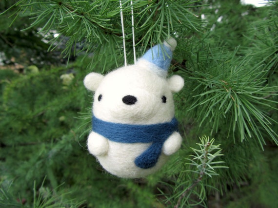 Needle Felted Polar Bear Ornament Felt Polar Bear Christmas