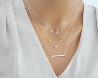 Silver layered necklace set, Silver Bar Necklace, Karma eternity necklace, Dot Necklace, 3 sepereate necklace