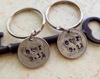 His and Hers Matching 10 Year Anniversary Keychains/ 2007 Hand Stamped Dime/ Couple Gift/ 2007 Dime/ Gift for Her Gift For Him/Dime