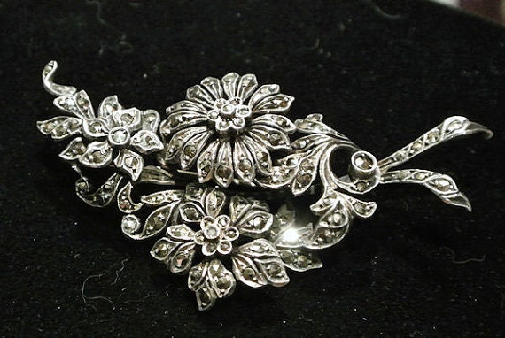 1900s Antique Brooch Sterling Silver Marcasite Art Nouveau Victorian Edwardian Brooch Flowers Floral Brooch Tiered Layered Trombone Clasp