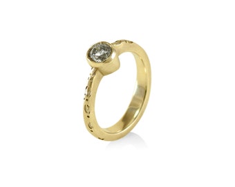 Deer Hoof Print Ethical Engagement Ring with 5mm Moissanite in 14k Yellow Gold or 18k Yellow Gold, Moissanite Bezel Engagement Ring Gold