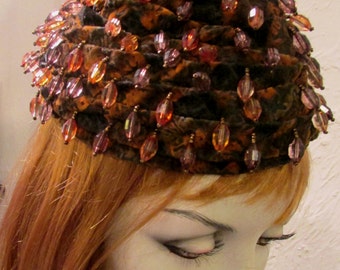 Vintage 1940's Tilt Hat Toque Beret Brown and Amber with Lucite Beads on Burned Velvet Acorn Topper Hat