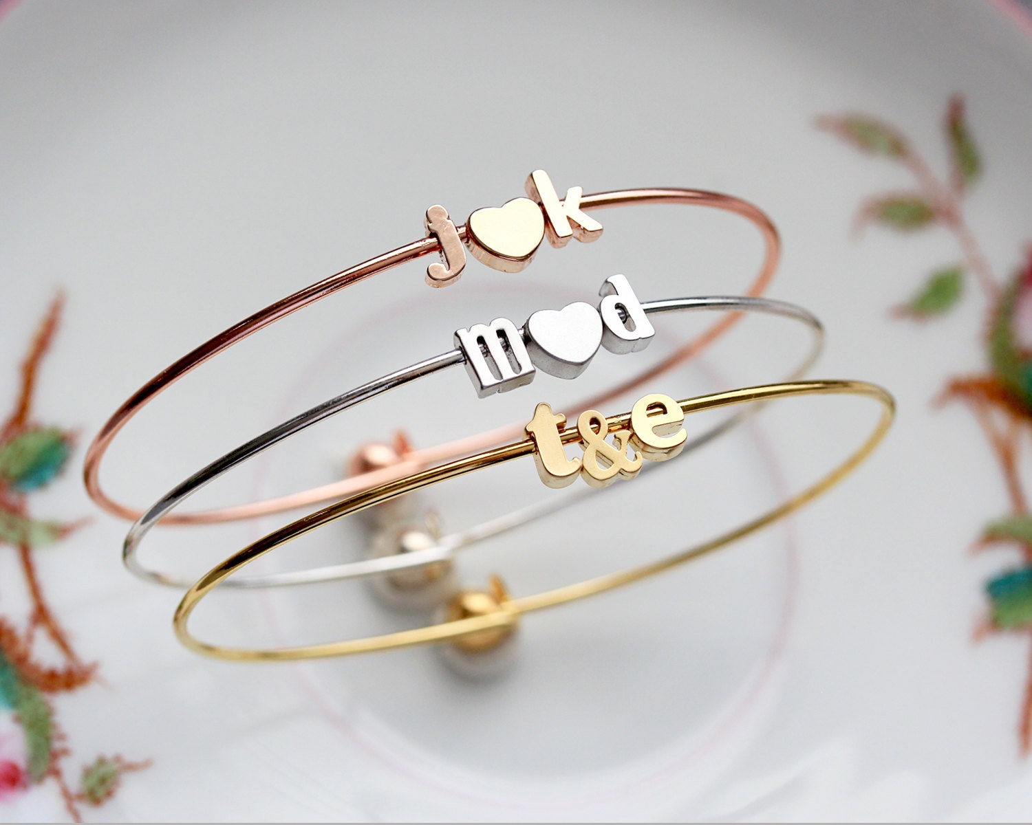 Letter & Ampersand Bangle Bracelet Lowercase Initial Custom