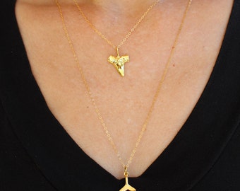 Shark Tooth Necklaces Gold, Summer Beach Charms Layering Necklaces 18K Gold N027