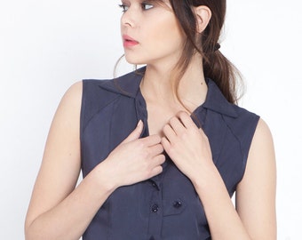 Navy blue summer dress, office dress, shirt dress, knee length dress, sleeveless dress, button down dress, midi dress, cobalt blue dress