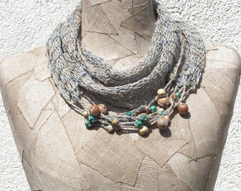 Necklace Linen Boho scarf , natural infinity scarf , Blue Grey loop rope , Hand Knitted wrap , knit , Bohemian clothing, Gypsy summer shawl