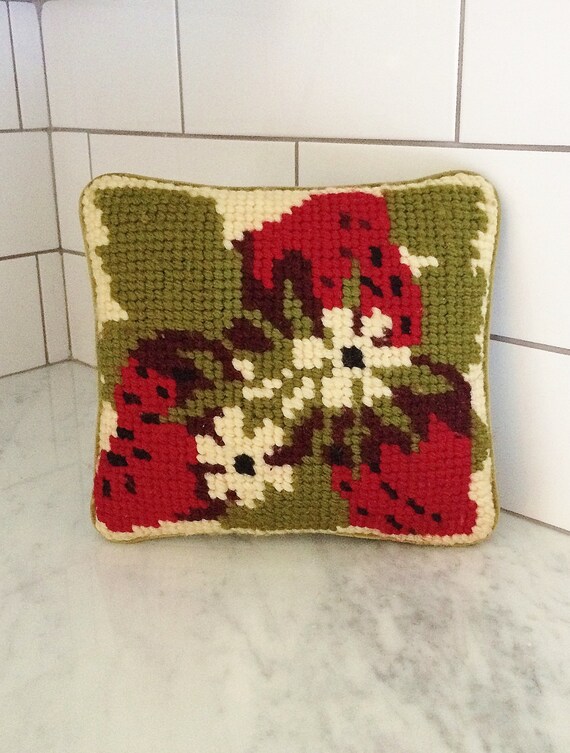Strawberry Pillow Needlepoint Pillow Vintage Strawberry
