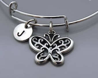 Butterfly bangle, Butterfly bracelet, Ornate butterfly, Expandable bangle, Personalized bracelet, Charm bangle, Monogram, Initial bracelet