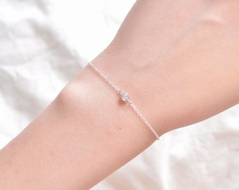 Sterling Silver Crystal Bracelet, Tiny CZ Bracelet, Solitaire Bracelet, Bezel Bracelet, Dainty Chain Bracelet, Simple Delicate Bracelet