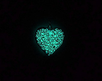 Gift for her glowing heart necklace sterling silver necklace blue glowing necklace flower necklace girlfriend gift glow in the dark jewelry