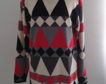 SALE /// Vintage 1980's/1990's Long Turtleneck Sweater Graphic Shapes Harlequin Mod Sz Med