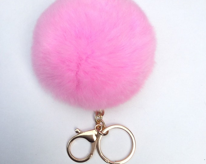 New! Pink Fur pom pom keychain fur puff ball bag pendant charm