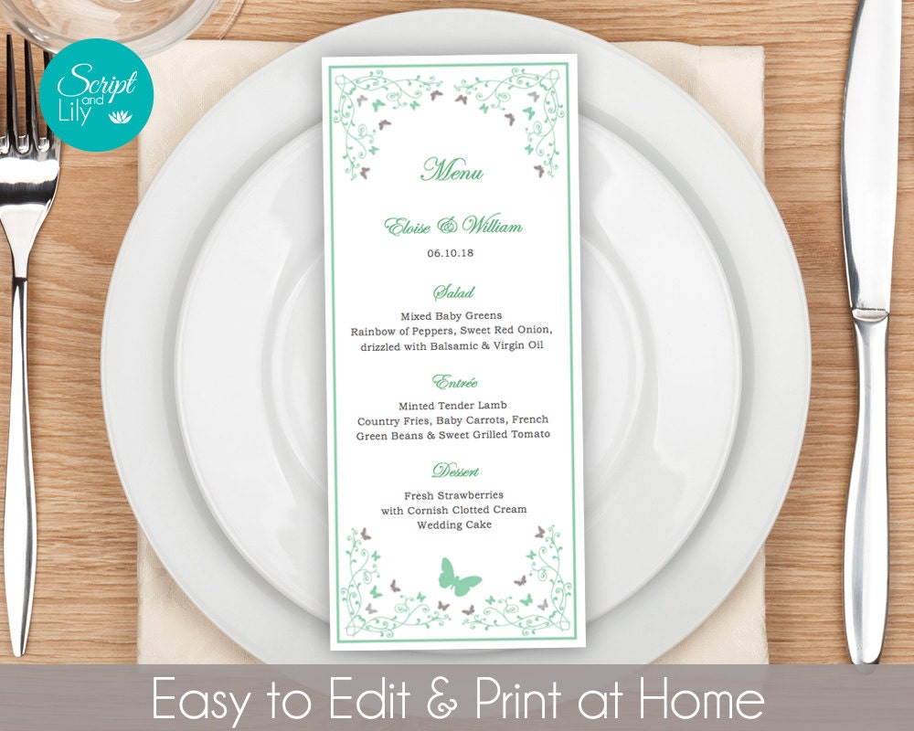 Butterfly Dinner Menu Template FREE Color Change Instant