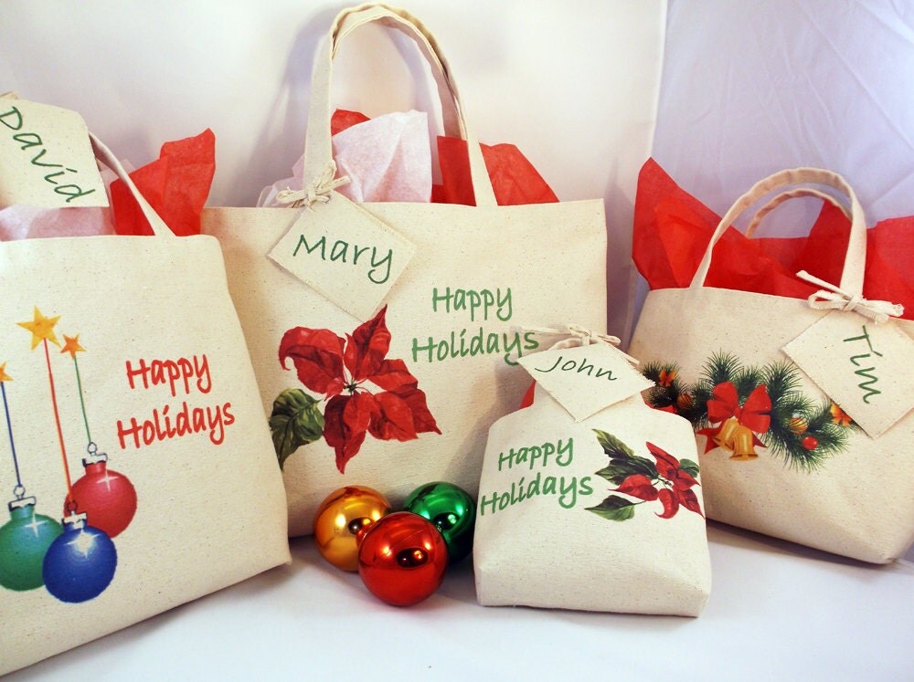 CHRISTMAS GIFT BAG Set of 4 Canvas Reusable Gift Bags with