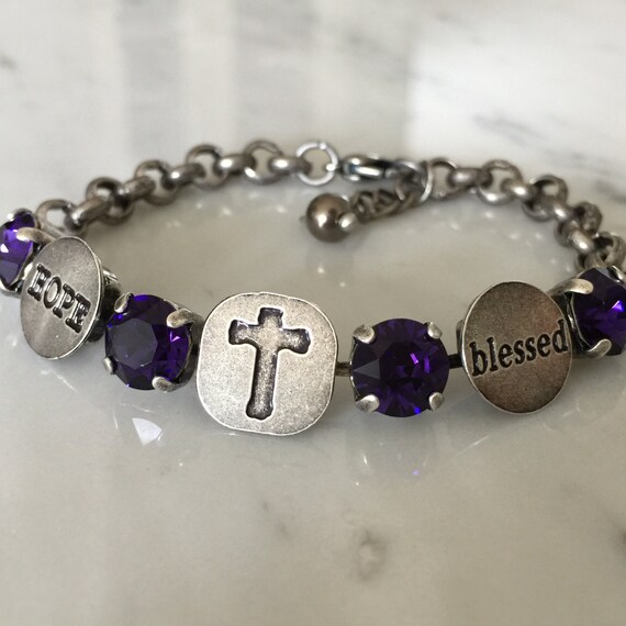 Blessed Bracelet with Purple Velvet Crystals, in Antique Silver