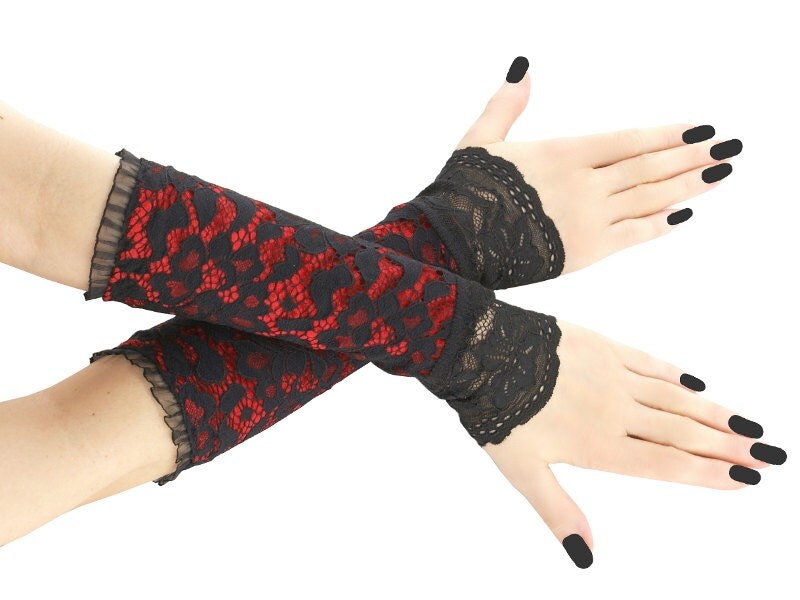 black and red lace fingerless gloves arm warmers gothic