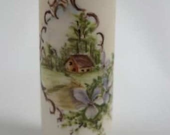 60's mini-vase with cottage scene. 3.5 inches tall. No imprints