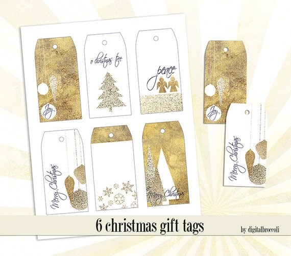 Christmas Gift Tags-Old Gold/White/Glitter Printable Christmas