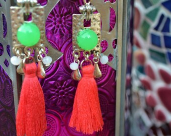 BO ethniques corail, cabochon en verre, pampilles et pompon