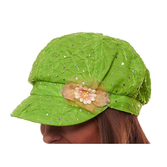 Lime Green Sequin Flower Newsboy Hat Pink Flowers Sparkle