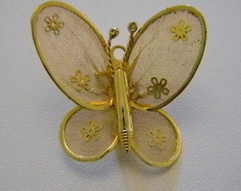 Gold Tone Mesh Butterfly Flower Pin Brooch